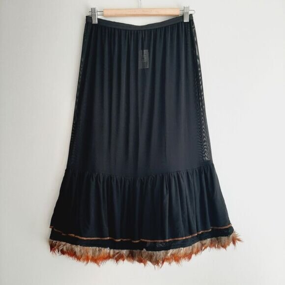 TRISTAN & ISEUT Feather Trim Skirt Slip Black Mesh Midi Underskirt Sz S - Picture 2 of 14